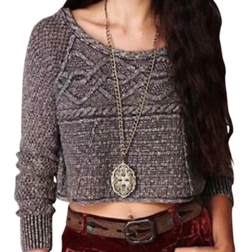 Free People (We the Free) Cropped Cable Knit Sweater in Dark Grey - Size XS
